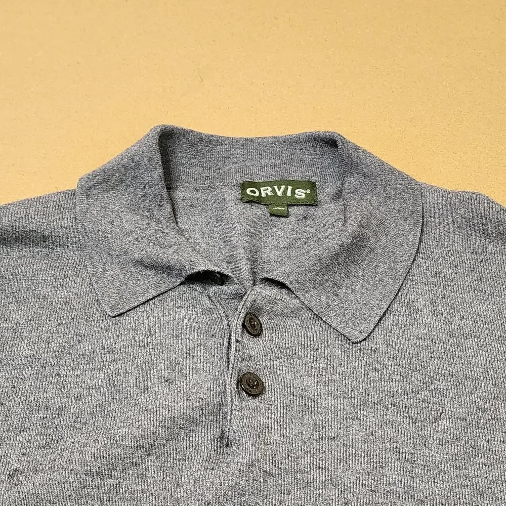 Orvis Sweater Mens Large Gray Cotton Silk Cashmere Collared Pullover Knit